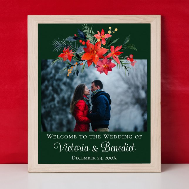 Green Christmas Wedding Photo Poinsettia Floral Poster (Creator Uploaded)