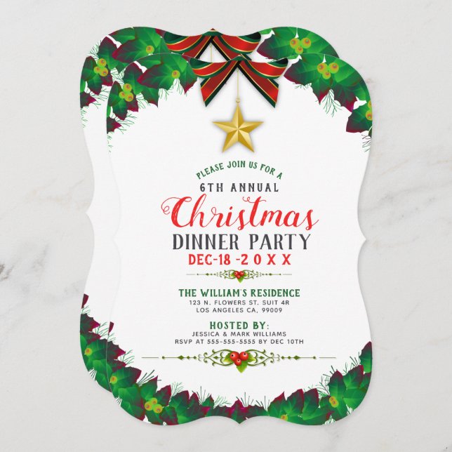 Green Christmas Wreath Dinner Party Invitation (Front/Back)