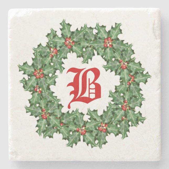 Green Christmas Wreath Monogram Stone Coaster (Front)