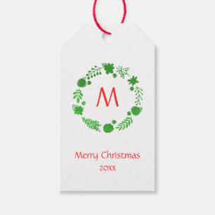 Green Christmas Wreath Red Monogram Gift Tags