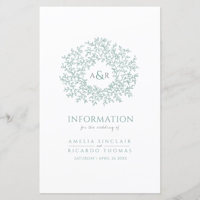 Green circle of leaves wedding guest information (Front)