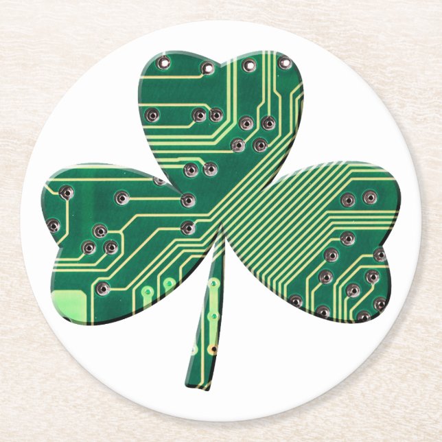 Green Circuit Board St Patrick Day Shamrock Round Paper Coaster (Front)