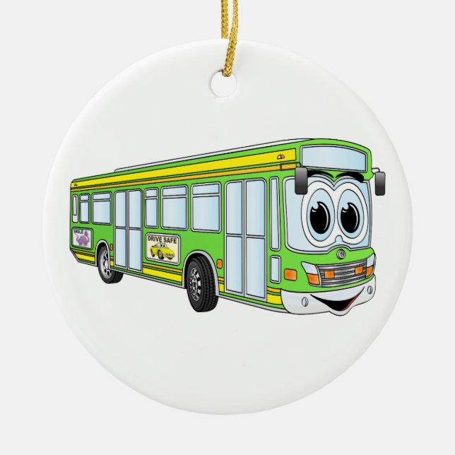 Green City Bus Cartoon Ceramic Ornament (Front)
