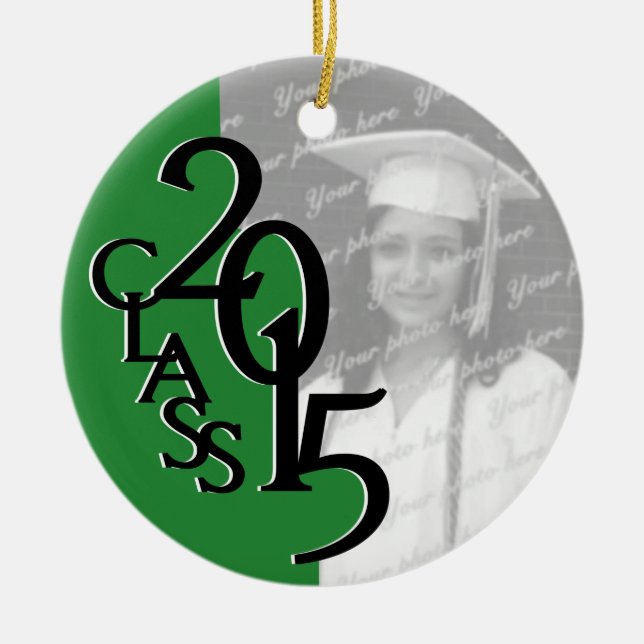 Green Class 2015 Graduation Photo Ceramic Tree Decoration (Front)