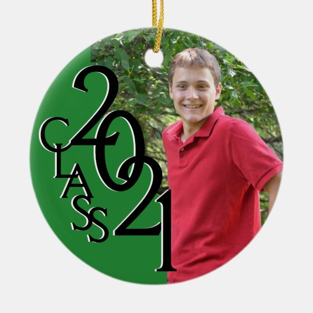 Green Class 2021 Graduation Photo Ceramic Ornament (Front)