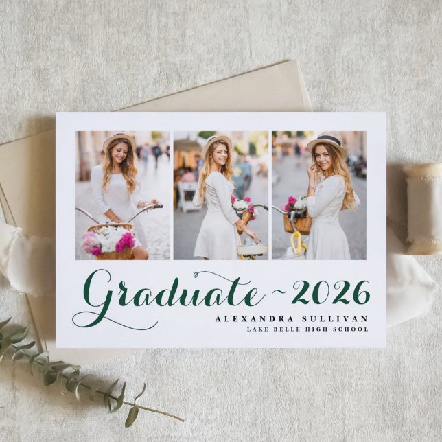  Green Class of 2025 Photo Collage Graduation Invitation (Customizable photo collage graduation invitation featuring modern calligraphy. )