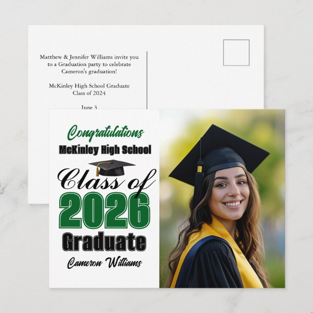 Green Class of 2026 Graduate Photo Graduation Announcement Postcard (Front/Back)