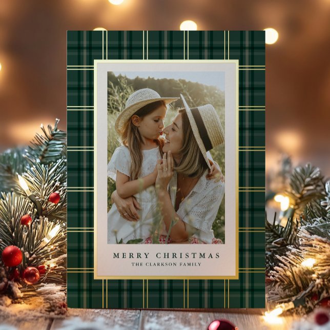 Green Classic Christmas Plaid Photo Foil Holiday Card (Creator Uploaded)