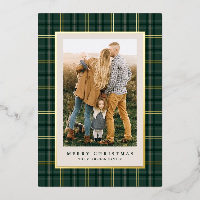 Green Classic Christmas Plaid Three Photo Foil Holiday Card (Front)