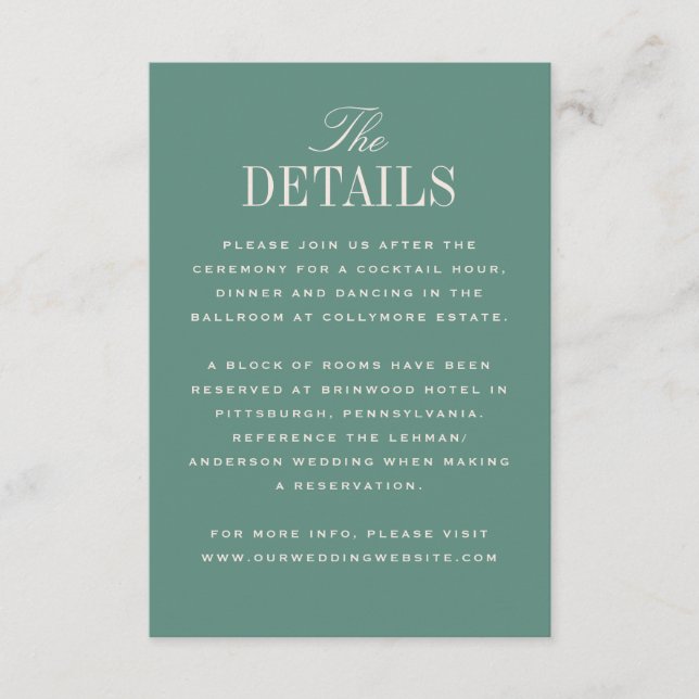 Green Classic Elegance Wedding Details Enclosure Card (Front)
