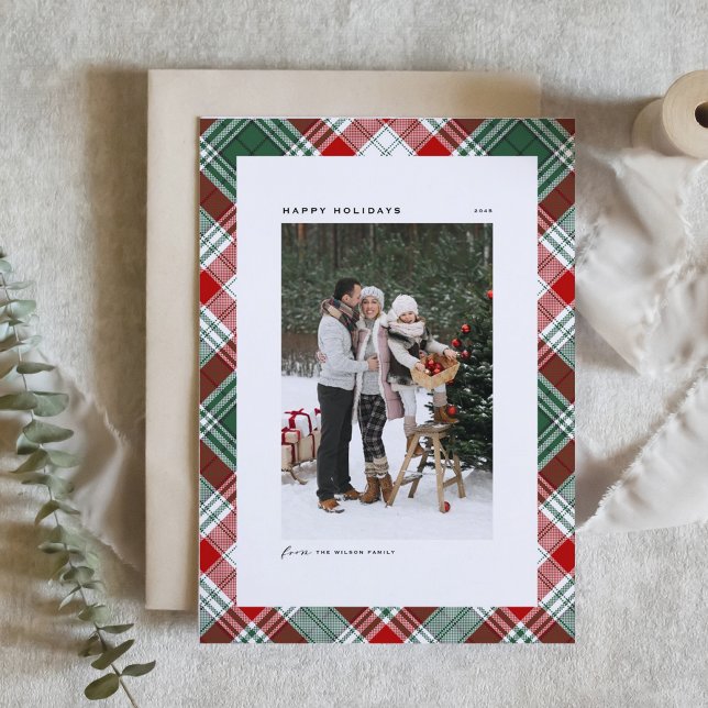 Green Classic Plaid Pattern Happy Holidays Photo Holiday Card (Green and Red Classic Plaid Pattern Happy Holidays Photo Card)