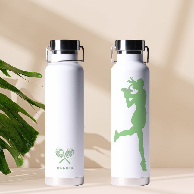 Green Classy Female Tennis Player Personalised  Water Bottle (Creator Uploaded)