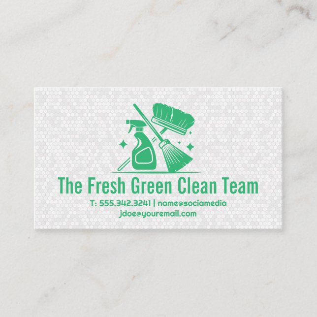Green Cleaning Icons | Bathroom Tiles Background Business Card (Front)