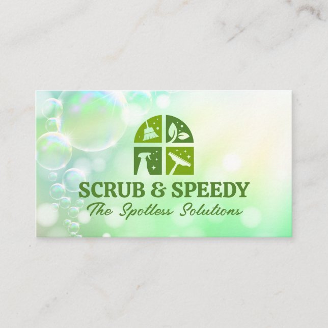Green Cleaning Icons | Soap Sud Bubbles Business Card (Front)