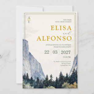Green Cliff Classic Watercolor Monogram Wedding Invitation