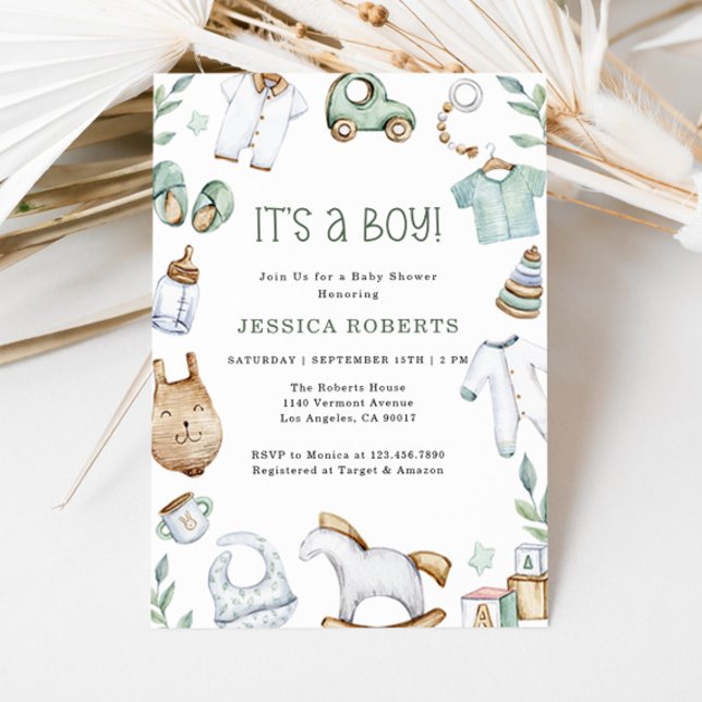 Green Clothes and Toys Baby Boy Shower Invitation (Creator Uploaded)