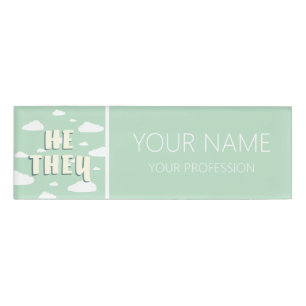 Green Clouds He They Pronouns Name Tag
