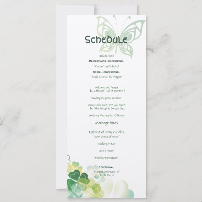 Green Clover and Butterfly Corners Schedule Invitation (Back)