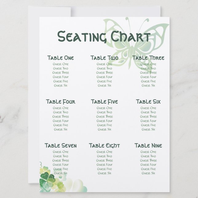 Green Clover and Butterfly Corners Seating Chart Invitation (Back)