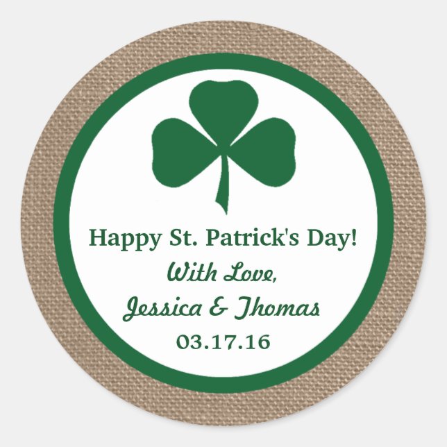 Green Clover & Burlap St. Patrick's Day Classic Round Sticker (Front)