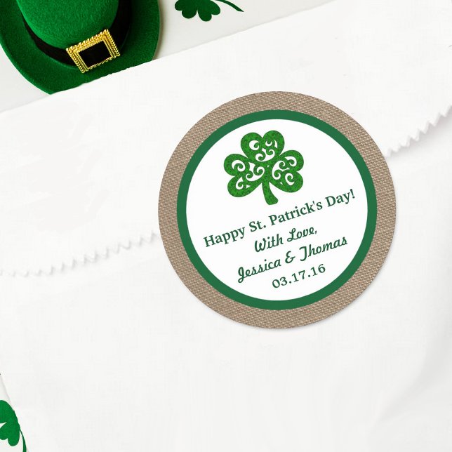 Green Clover & Burlap St. Patrick's Day Classic Round Sticker (Creator Uploaded)