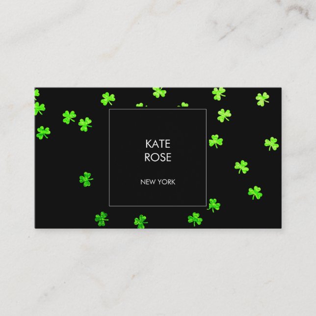 Green Clover Confetti Black Glam Vip Business Card (Front)
