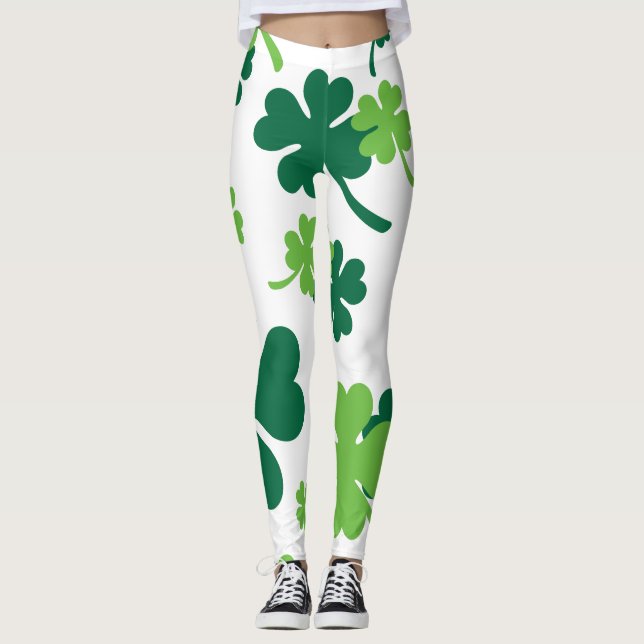 Green clover four leaves. St. Patrick's Day Leggings (Front)