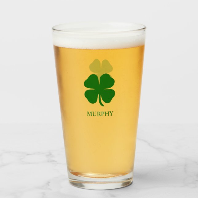 Green Clover Irish Personalised Name Beer Glass (Front Filled)