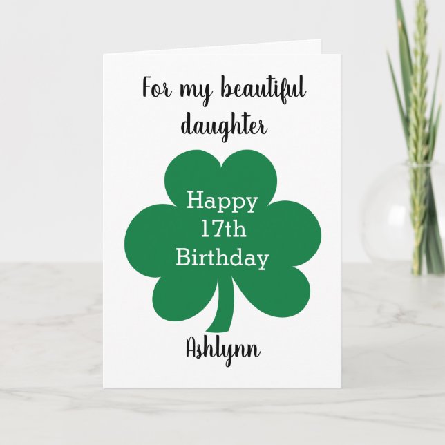 Green Clover Leaf St. Patrick's Day 17th Birthday Card (Front)
