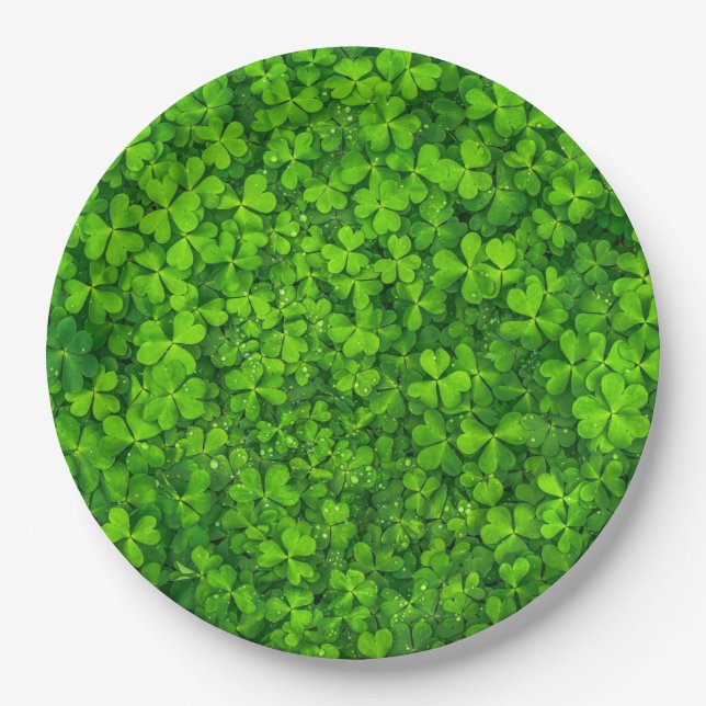 Green Clover Leaves with Water Drops Paper Plate (Front)