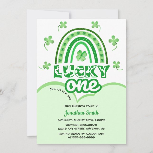 Green Clover Lucky One Rainbow Birthday Invitation (Front)