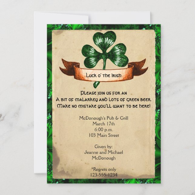 Green Clover Parchment St. Particks Day Invitation (Front)