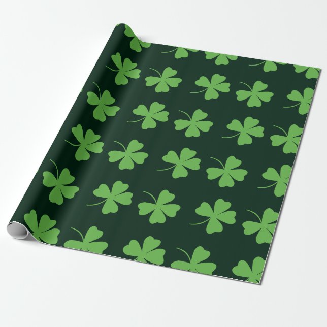 Green Clover Pattern St Patricks Day Wrapping Paper (Unrolled)