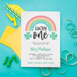 Green Clover & Rainbow Lucky One First Birthday Invitation
