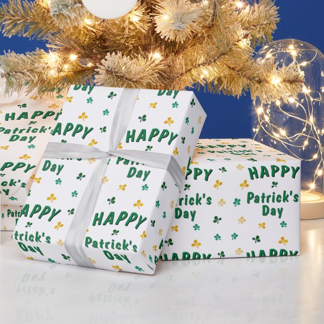 Green Clover Shamrock Happy Patrick's Day Wrapping Paper (Holidays)