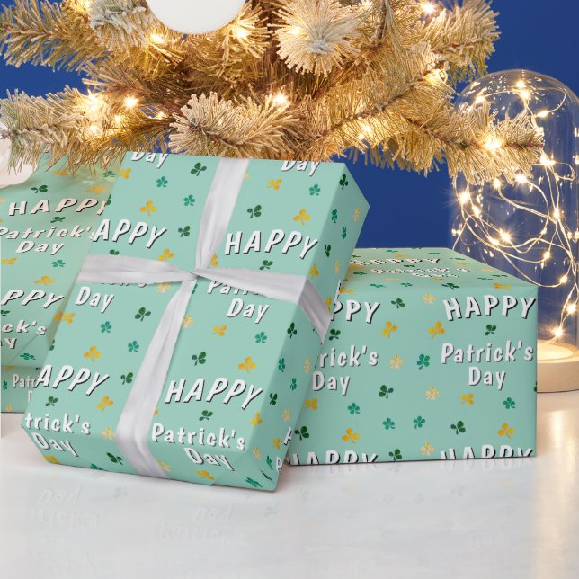 Green Clover Shamrock Happy Patrick's Day Wrapping Paper (Holidays)