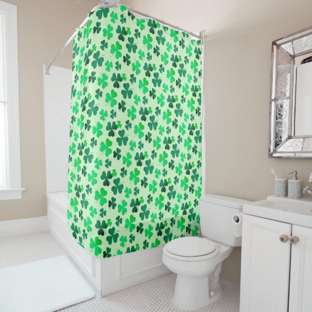 Green Clover Shamrock Leaf Pattern Floral Greenery Shower Curtain (In Situ)