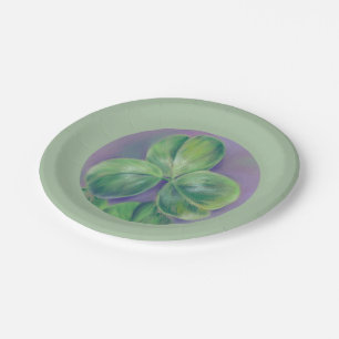 Green Clover Shamrocks on Purple Pastel Art Paper Plate