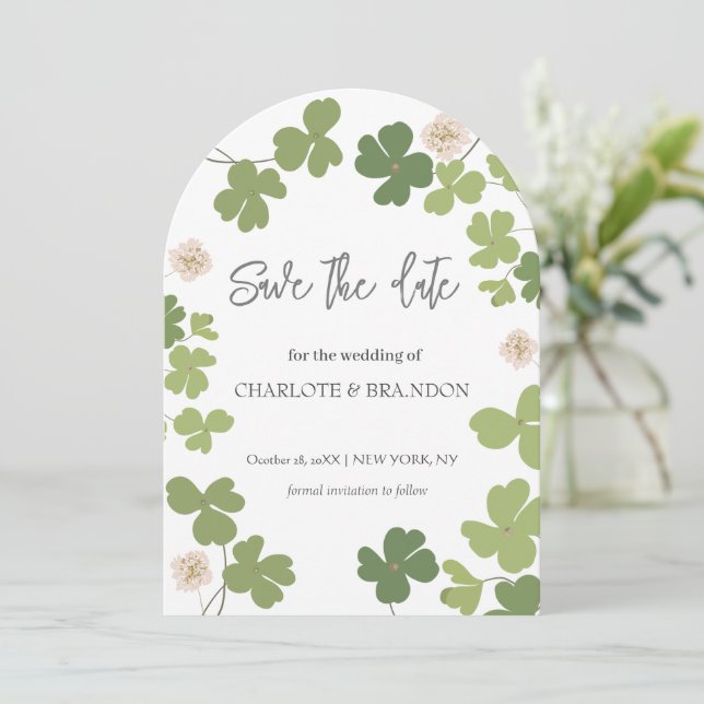 Green Clover Spring Wildflowers Wedding  Save The Date (Standing Front)