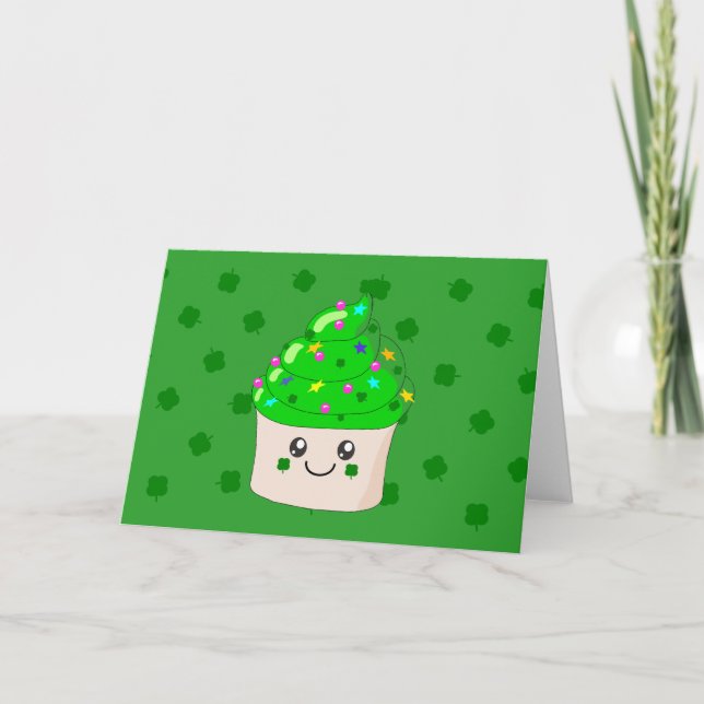 Green Clover St Patricks Day Cute Cupcake Card (Front)