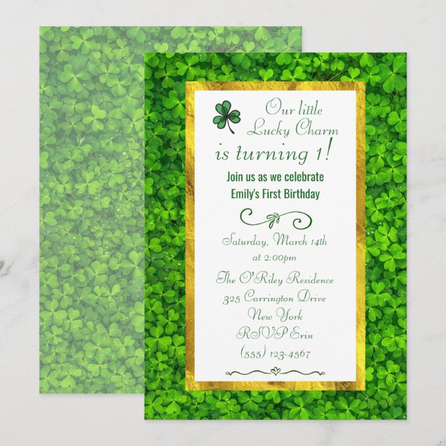 Green Clover with FAUX Gold Foil 1st Birthday Invitation (Front/Back)