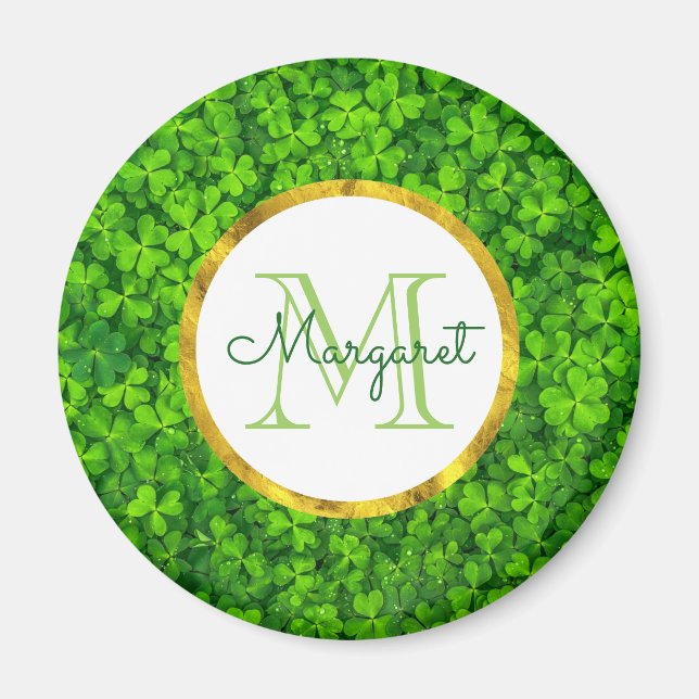 Green Clovers and Faux Gold Foil & Monogram Magnet (Front)