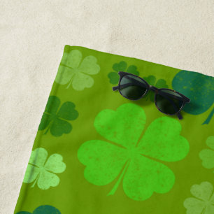 Green Clovers, Lucky Clovers, Saint Patrick's Day Beach Towel