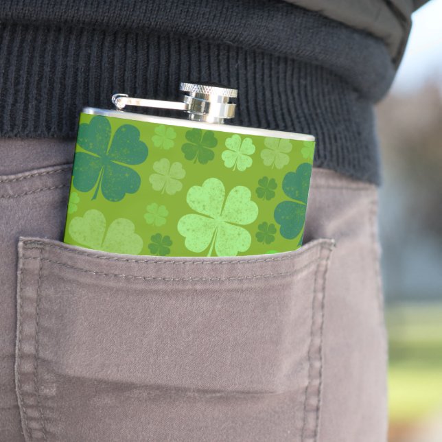 Green Clovers, Lucky Clovers, Saint Patrick's Day Hip Flask (In Situ)