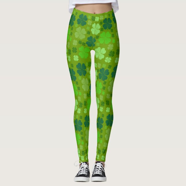 Green Clovers, Lucky Clovers, Saint Patrick's Day Leggings (Front)
