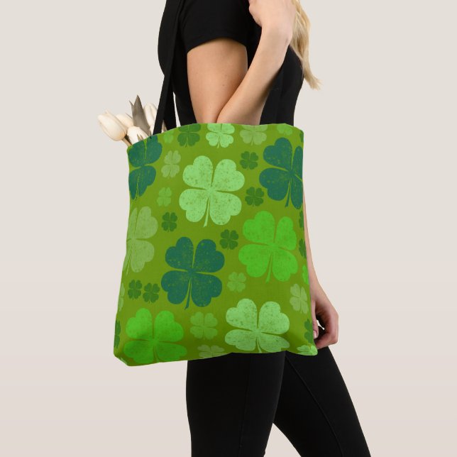 Green Clovers, Lucky Clovers, Saint Patrick's Day Tote Bag (Close Up)