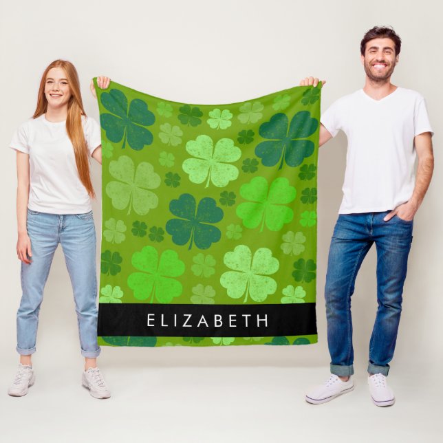 Green Clovers, Lucky Clovers, Your Name Fleece Blanket (In Situ)