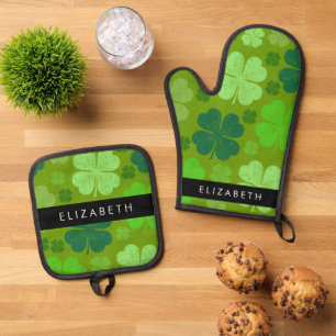 Green Clovers, Lucky Clovers, Your Name Oven Mitt & Pot Holder Set