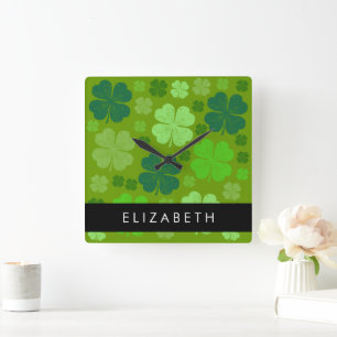 Green Clovers, Lucky Clovers, Your Name Square Wall Clock
