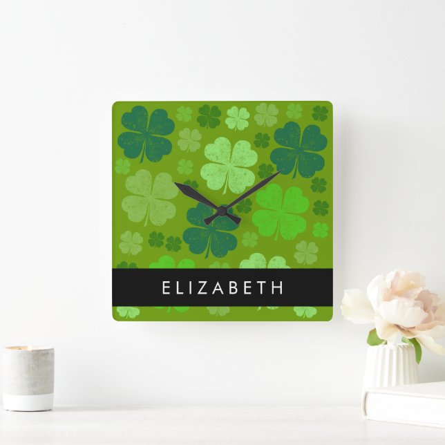 Green Clovers, Lucky Clovers, Your Name Square Wall Clock (Home)